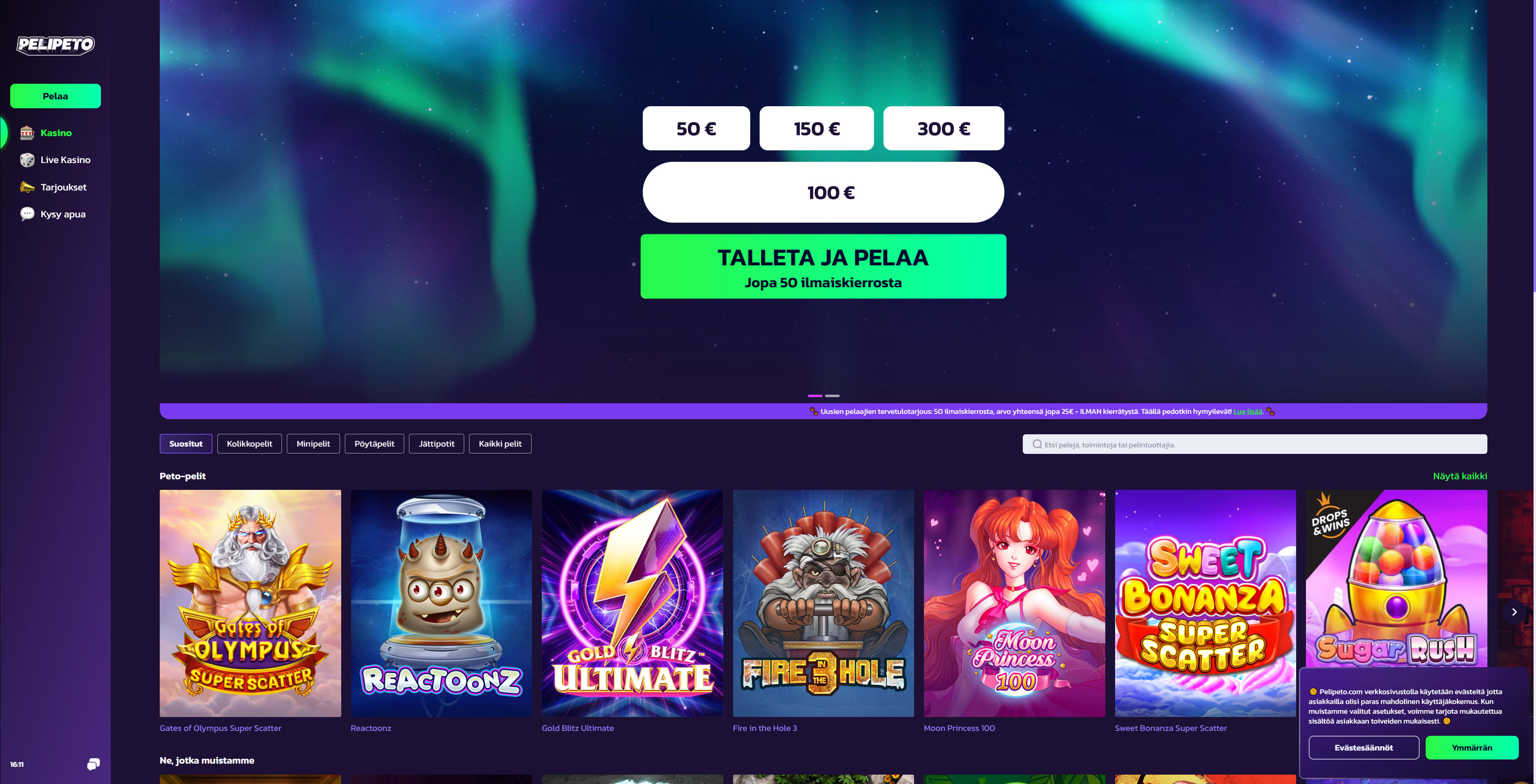 Pelipeto: talleta ja pelaa, jopa 50 ilmaiskierrosta
