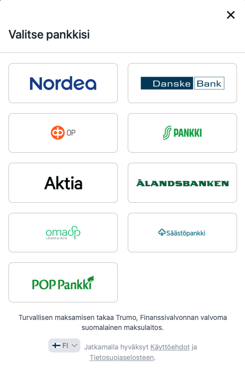 Valitse pankkisi: Nordea, Danske Bank, OP, S-Pankki, Aktia, Ålandsbanken, OmaSp, Säästöpankki, POP Pankki